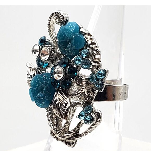 Flower Basket Ring Silver Tone Blue Turquoise Teal Rhinestones Adjustable Chunky - Picture 7 of 8